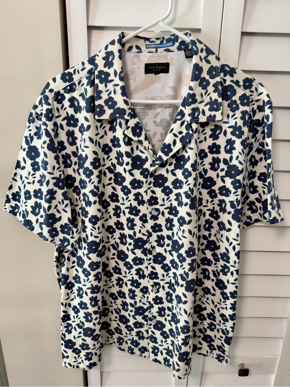 Ted Baker London Floral Camp Shirt XL White Blue Viscose Linen Button Up